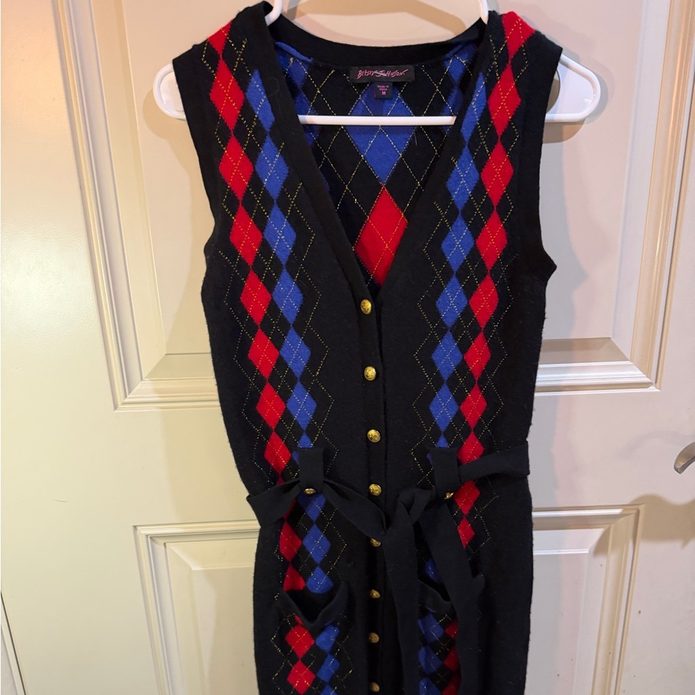 Betsey Johnson Black and Blue Argyle Knit Dress